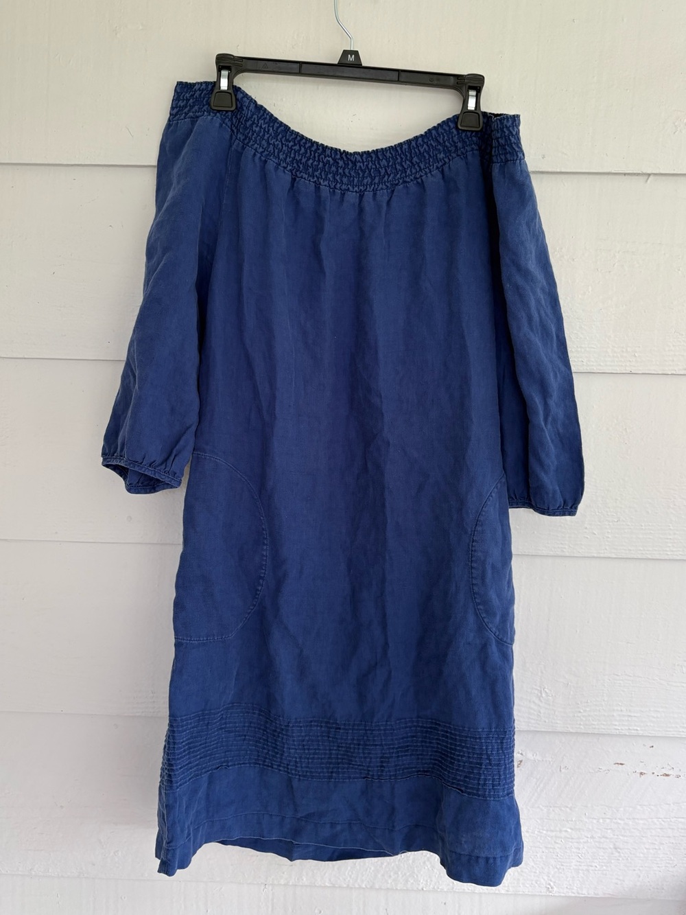 Boden 100% Linen Blue Off Shoulder Midi Dress Size M Coastal Resort Summer